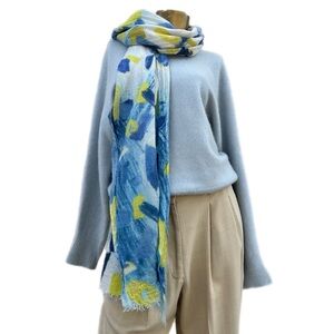 GOBI 100% Mongolian Cashmere Abstract Blue Yellow Fringe Long Scarf Wrap 63x22